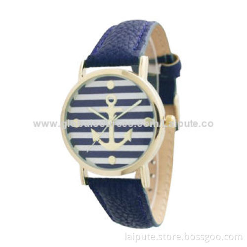 Fashionable Round Anchor Style Stripes Leather Watch with Alloy Case and Leather BandNew